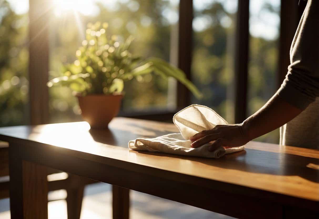 A person gently wipes down a wooden table with a cloth and eco-friendly furniture polish, the sun streaming in through a window, highlighting the natural grain of the wood