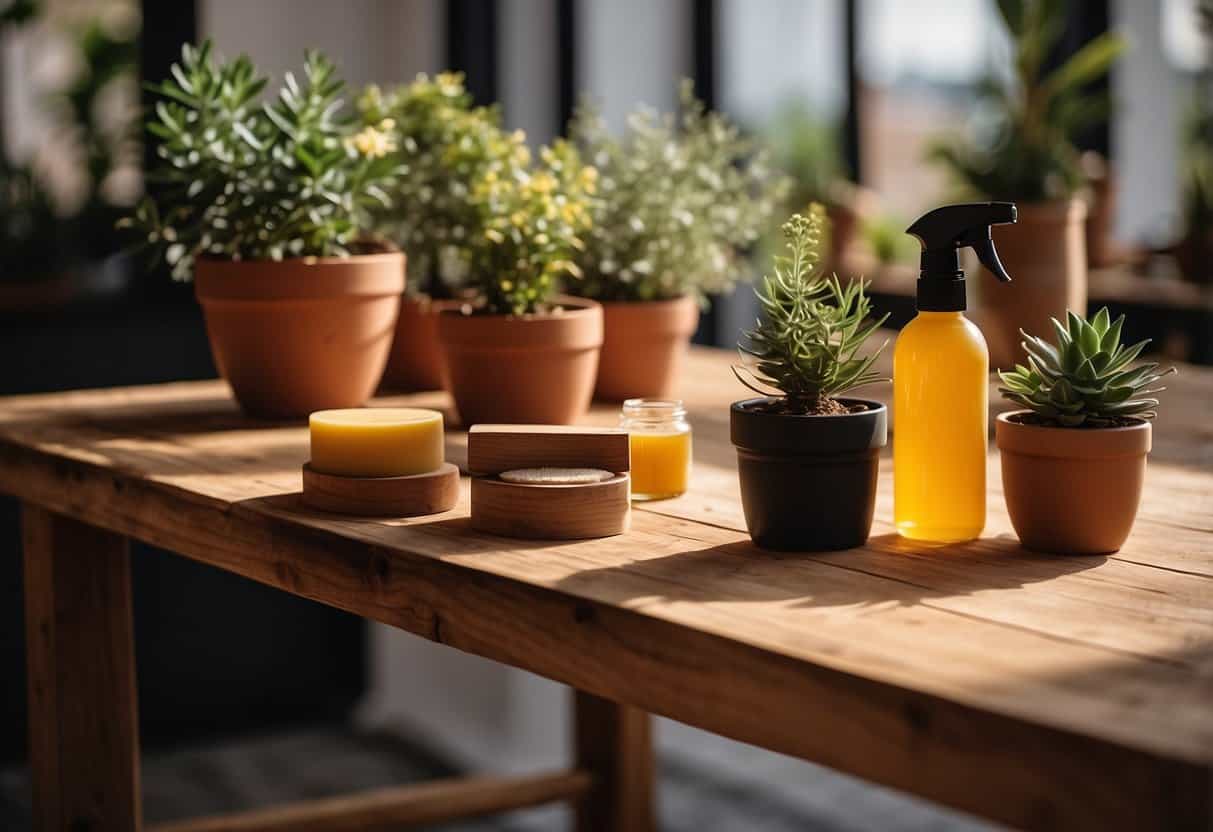 A handcrafted wooden table being polished with a natural beeswax finish, surrounded by potted plants and sustainable cleaning products