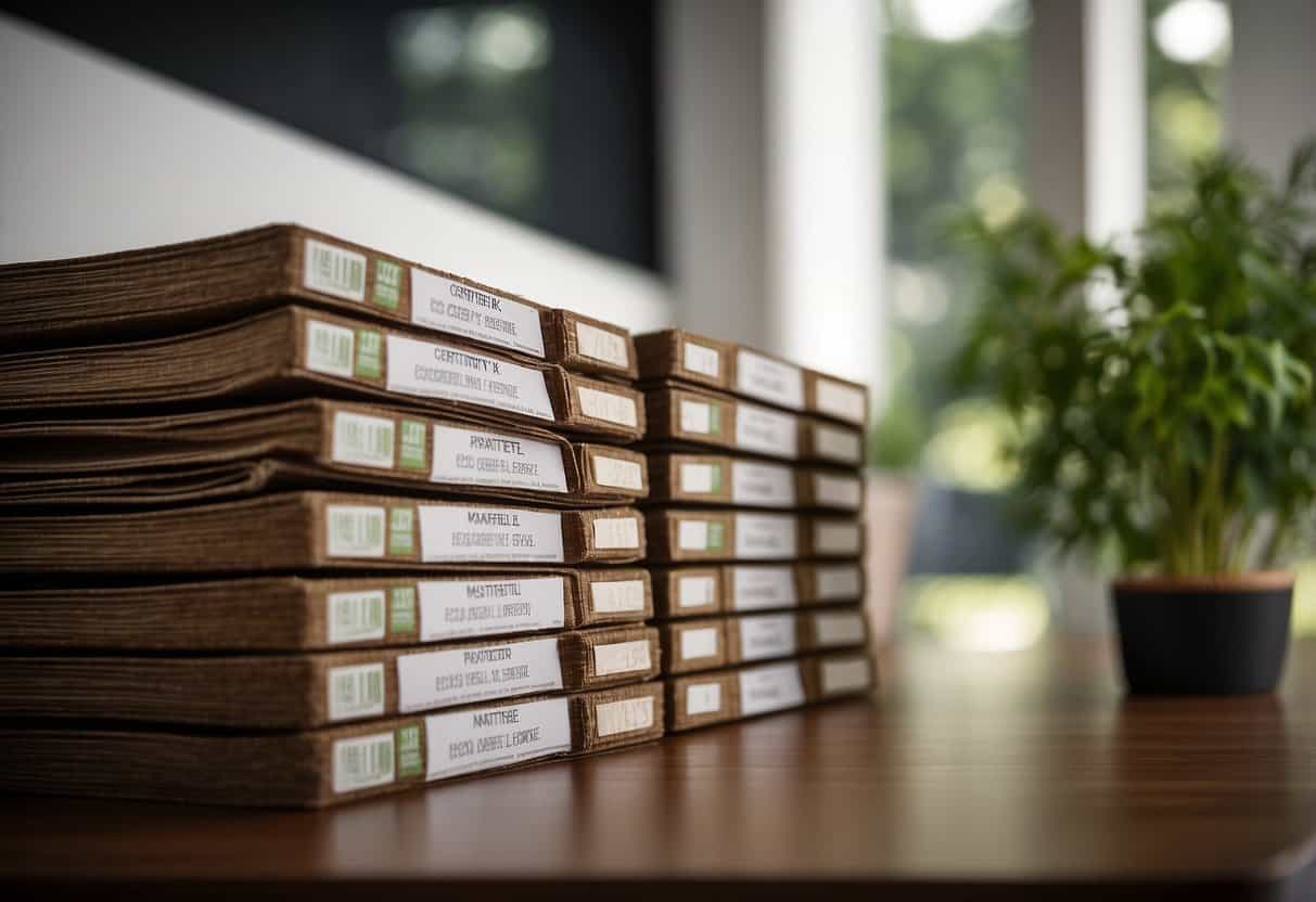 A stack of eco-label furniture certifications with a "Frequently Asked Questions" banner above