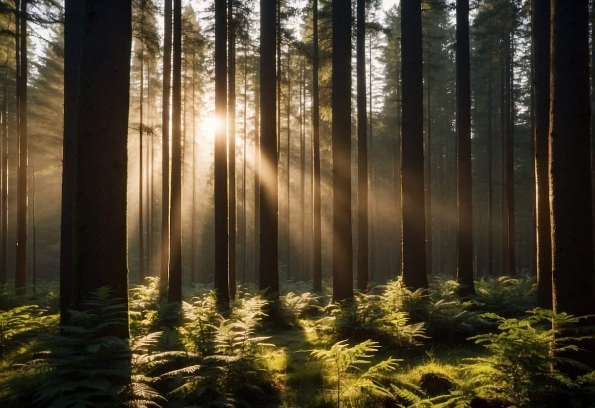 Sunlight filters through the dense forest, illuminating the towering trees of ethically sourced timber. The rich, earthy scent of wood mingles with the crisp air, creating a serene and sustainable landscape
