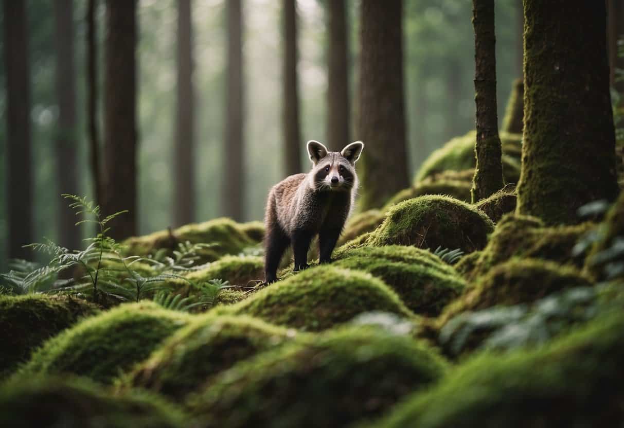 Lush forests with diverse tree species being sustainably harvested for timber, while wildlife thrives in the untouched areas