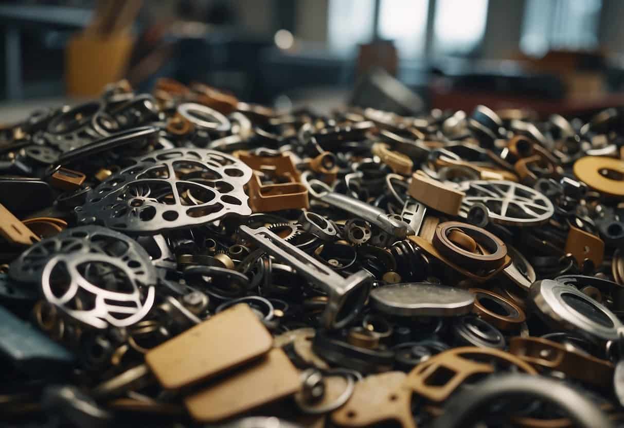 A pile of discarded furniture parts is being sorted and transformed into new, stylish pieces, showcasing the circular economy in the furniture sector