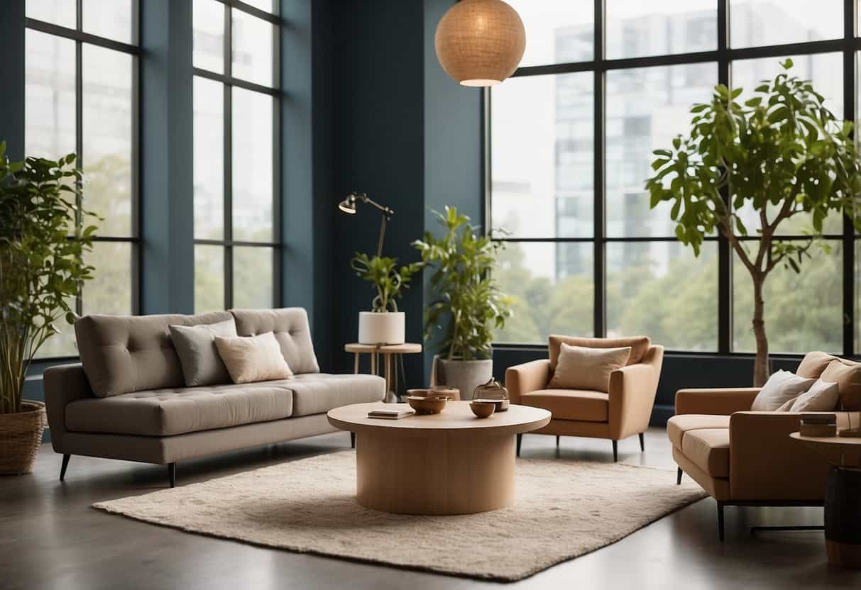 A room with modern, sustainable furniture. Recyclable materials, sleek design, and eco-friendly labels visible. Text "Frequently Asked Questions circular economy furniture" displayed nearby