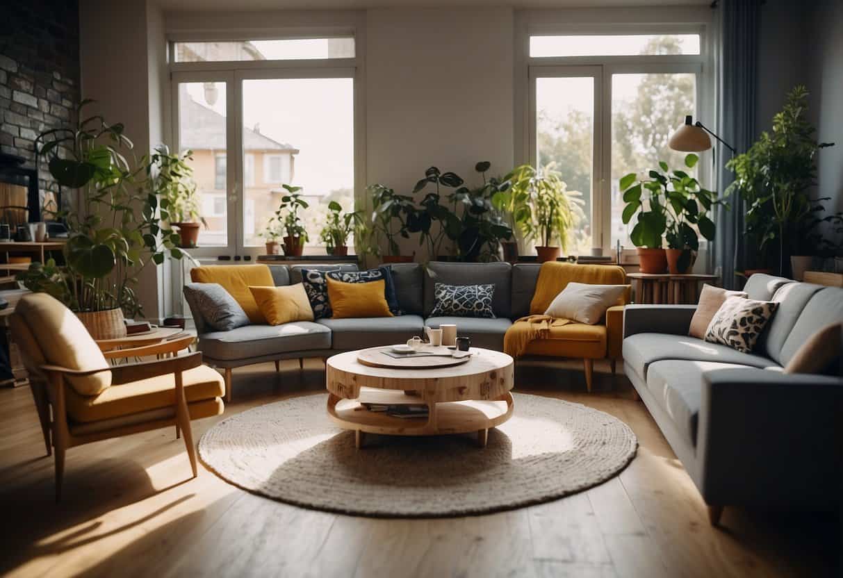 A living room with upcycled furniture made from recycled materials in a circular economy setting