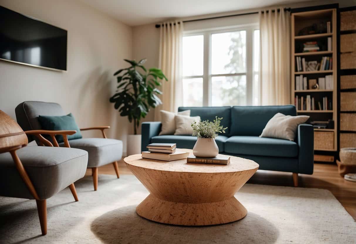 A living room with cork furniture: a sleek coffee table, a modern chair, and a bookshelf, all made from light-colored cork material