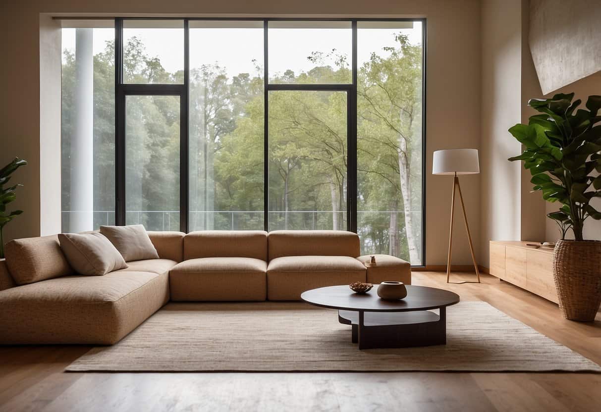 A modern living room with sleek cork furniture, clean lines, and minimalist decor. Natural light fills the space, highlighting the warm tones and unique texture of the cork