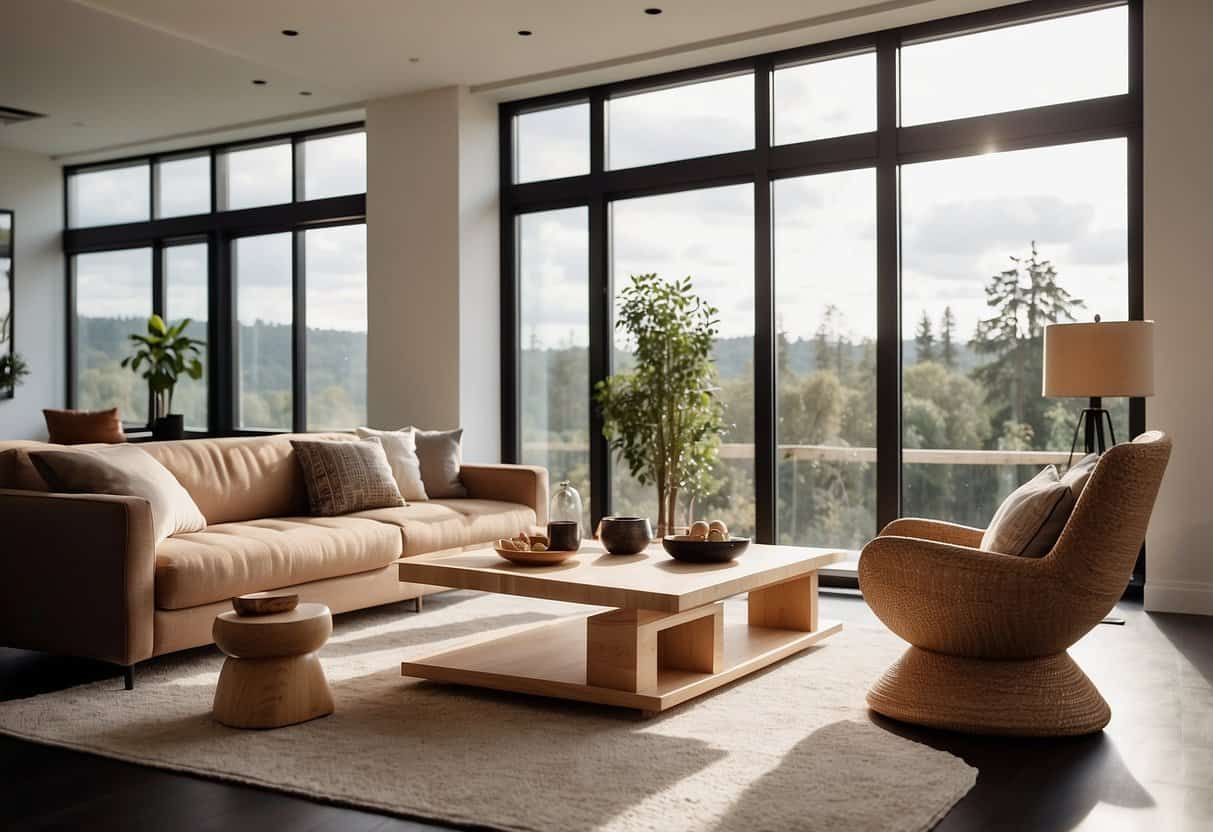 A modern living room with a sleek cork coffee table, chairs, and shelves. Large windows let in natural light, showcasing the sustainable and stylish cork furniture design