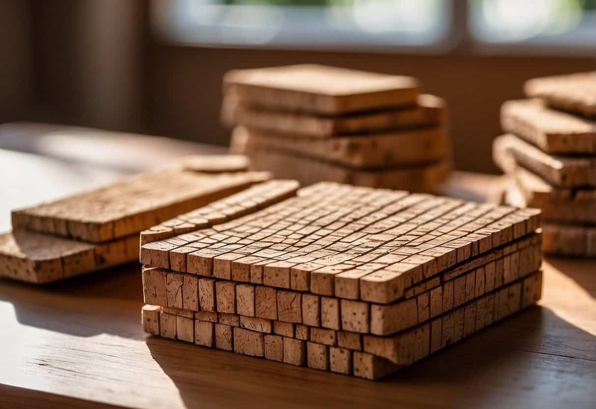 A stack of cork wood products sits on a wooden table, including coasters, trivets, and cork boards. Light filters through a nearby window, casting soft shadows on the textured surfaces