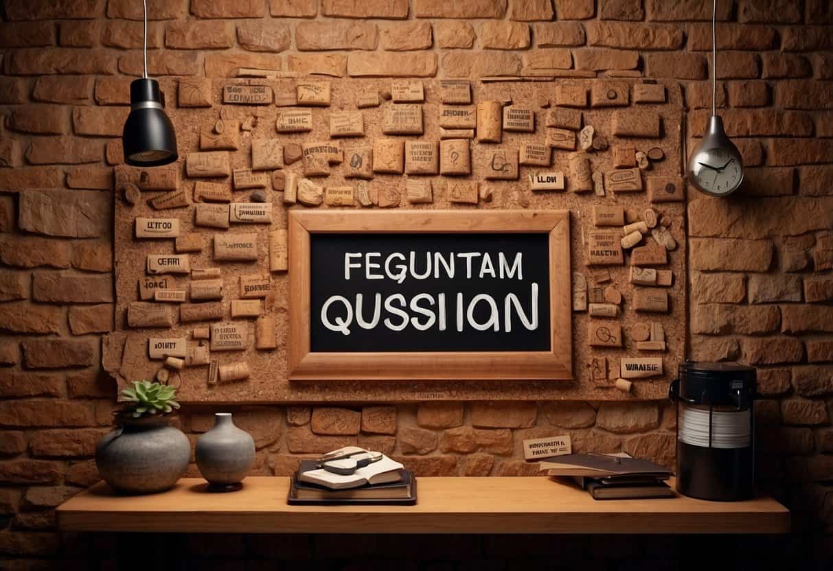 A cork board with various cork products displayed, surrounded by question marks and a "Frequently Asked Questions" sign