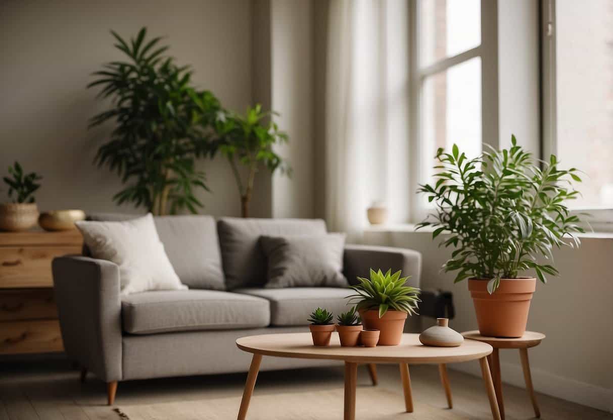 A serene living room with a potted plant and a cozy couch. A bottle of eco-friendly furniture cleaner sits on a side table with a cloth nearby
