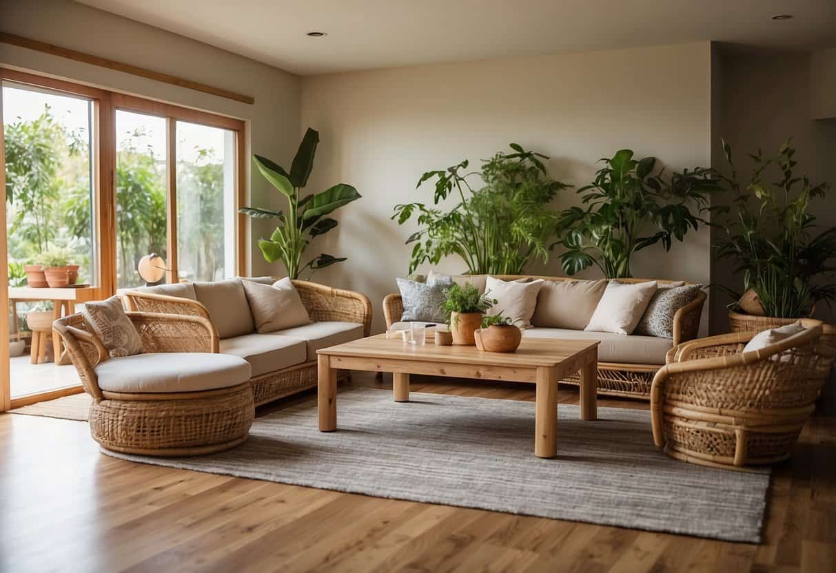 A living room with sustainable furniture: bamboo chairs, reclaimed wood coffee table, and a recycled fabric sofa. Plants and natural light enhance the eco-friendly vibe