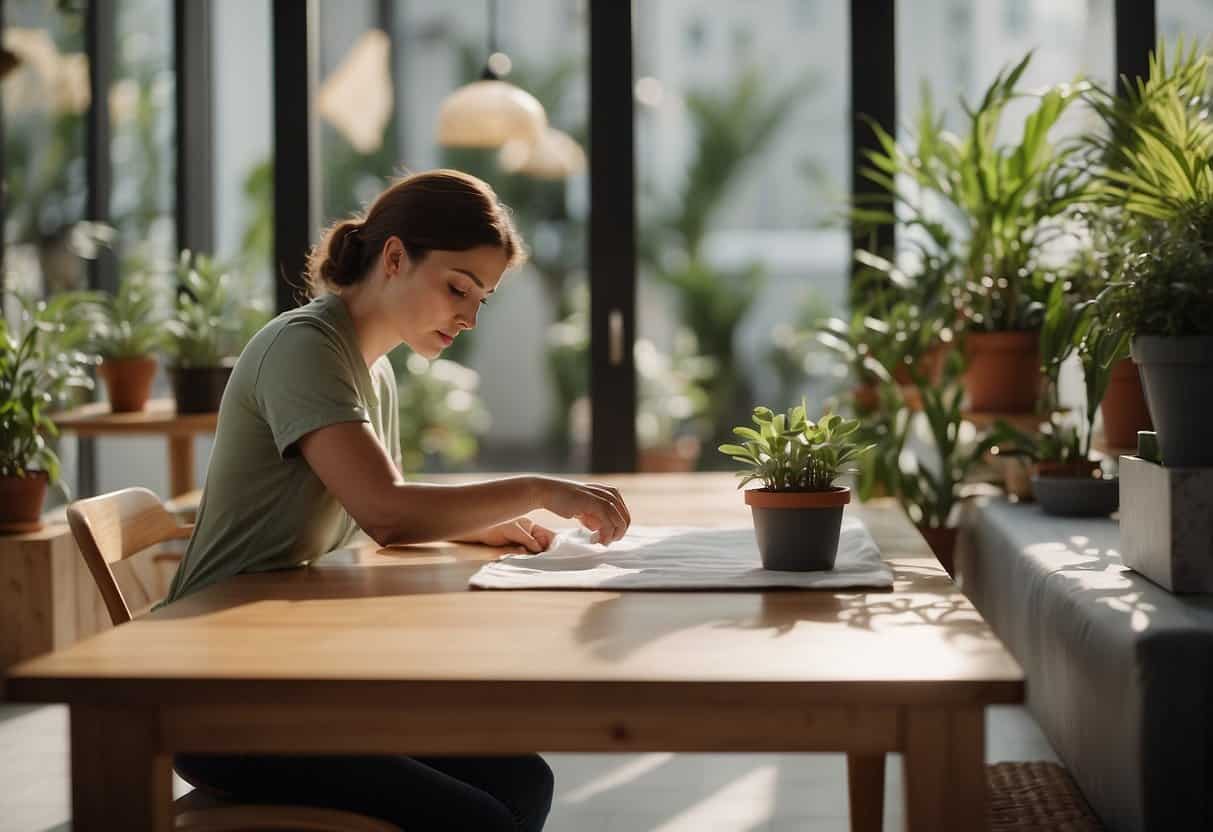 A person carefully wiping down a sleek, modern eco-friendly table with a soft cloth, surrounded by potted plants and natural light