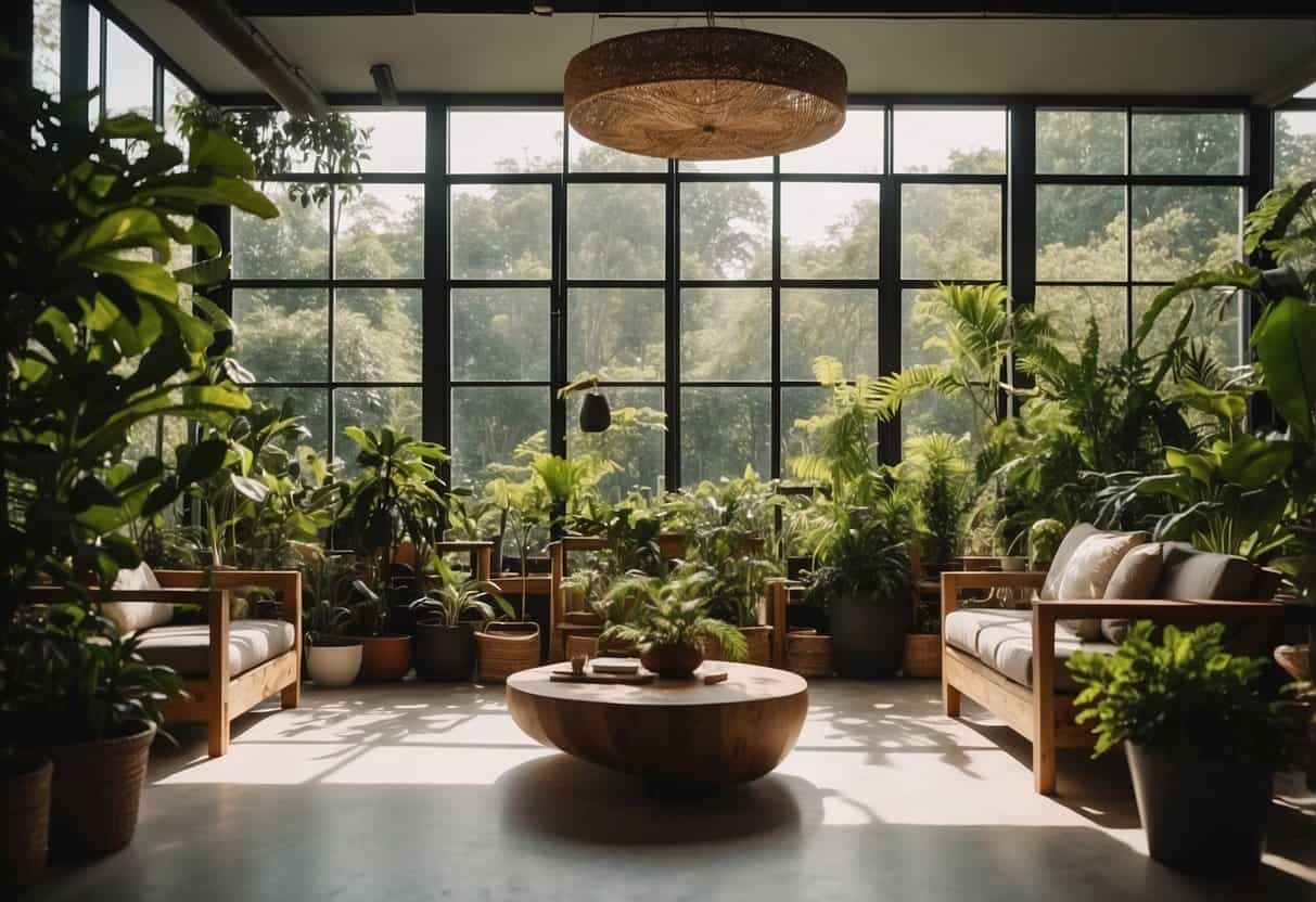 A room filled with sustainable furniture made from recycled materials, surrounded by lush green plants and natural lighting