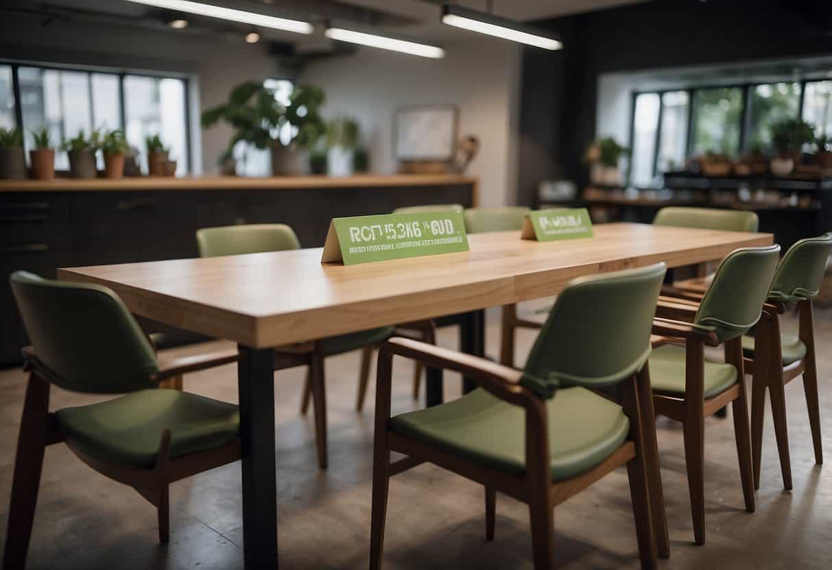 A table with a visible eco-label certification sticker, surrounded by sustainably sourced chairs and a shelf displaying similar certifications