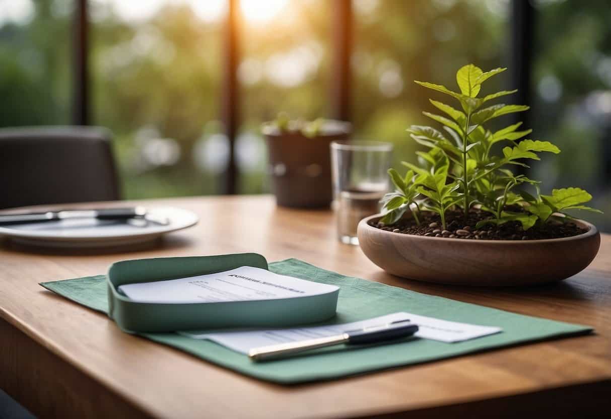 A table with eco-label certification logo, surrounded by sustainable materials and a checklist of standards