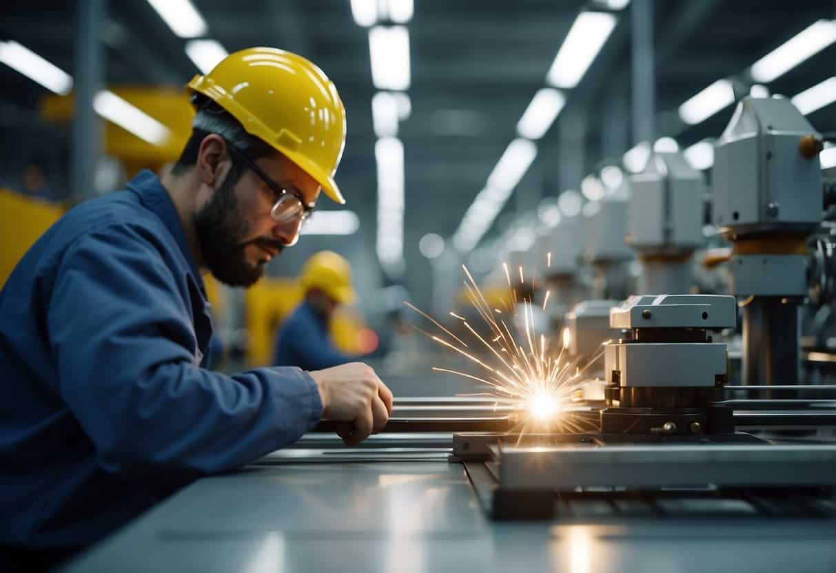 Machinery hums as workers inspect materials. Brightly lit, clean factory floor with sustainable energy sources. Quality control checks in progress