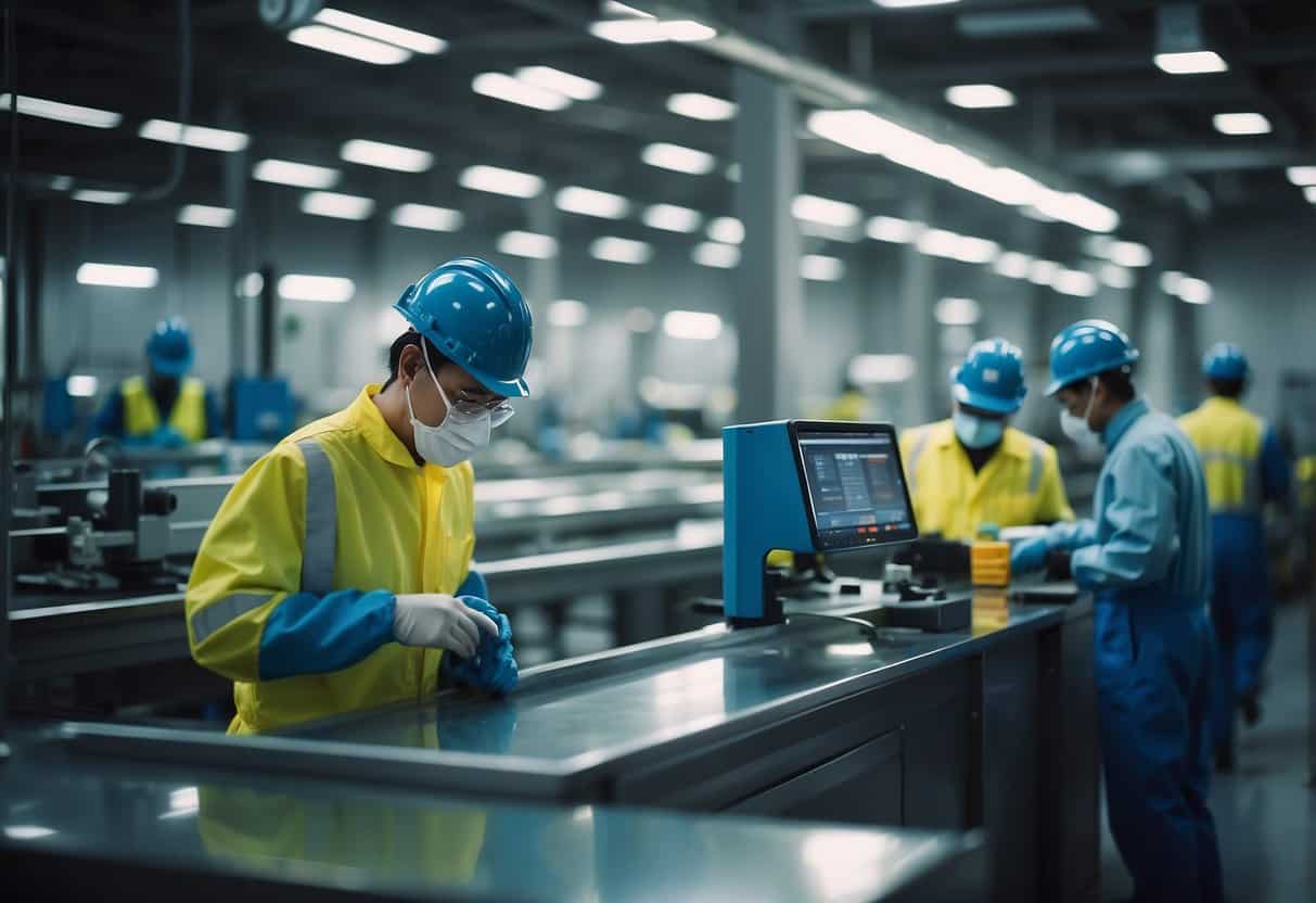 Machinery and equipment arranged in an organized and clean factory setting, with workers wearing protective gear and following ethical manufacturing guidelines