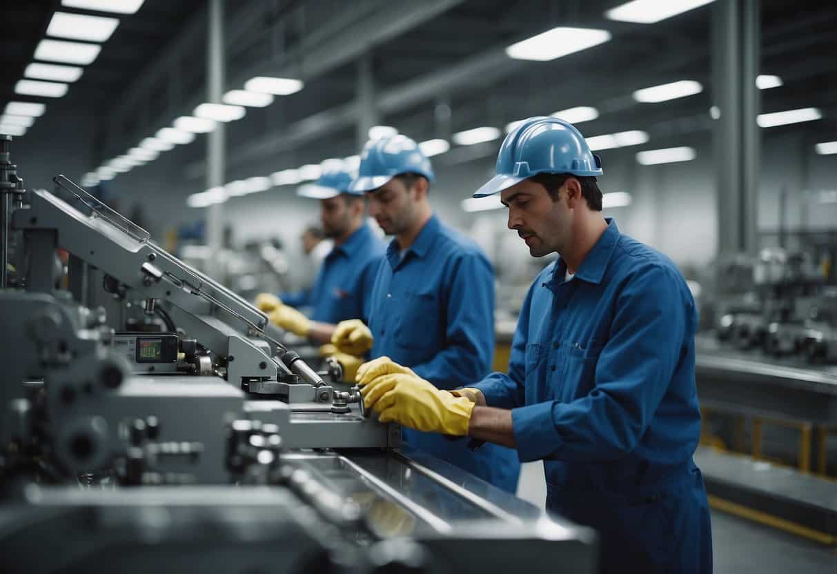 Machinery humming in a bright, clean factory. Workers in uniforms inspecting products for quality. Ethical manufacturing posters on the walls