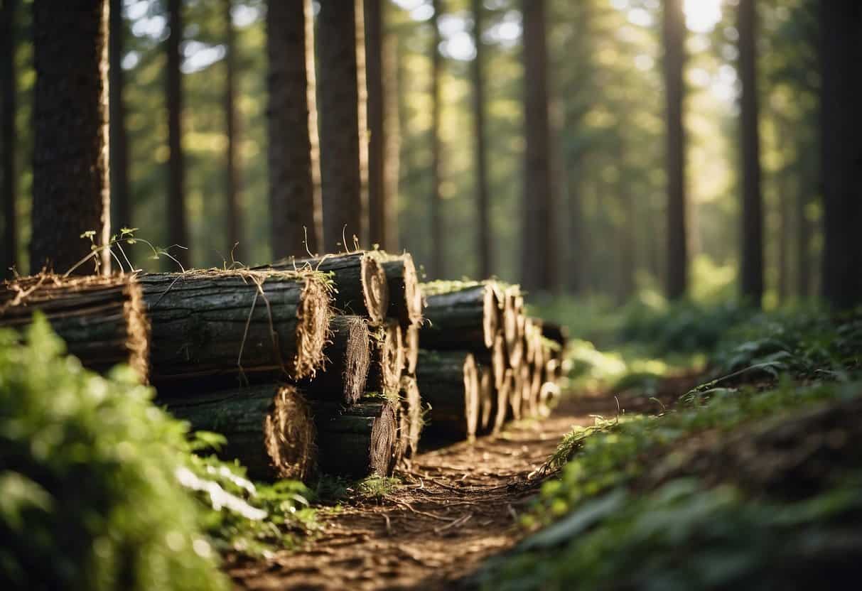 A forest with trees being sustainably harvested, transported, and processed before being sold in a market