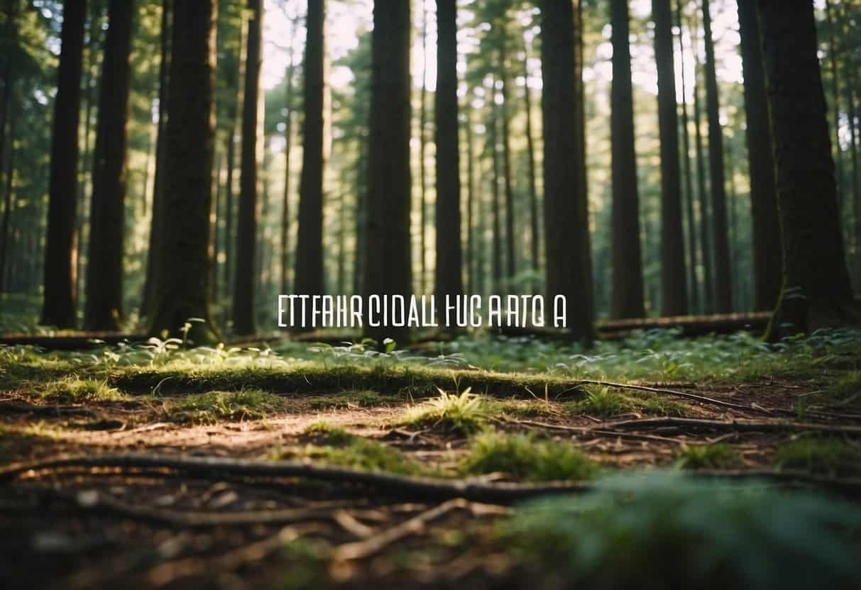 A forest with tall, healthy trees, a clear blue sky, and a small sign reading "ethically sourced timber FAQs."