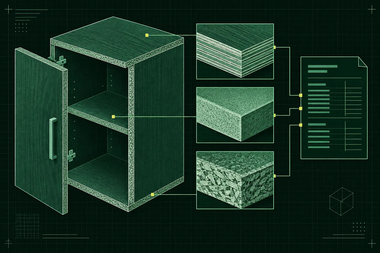 Phosphor-green cabinet cutaway with plywood, MDF and particleboard cross-sections connected to an abstract material documentation sheet on a dark grid.