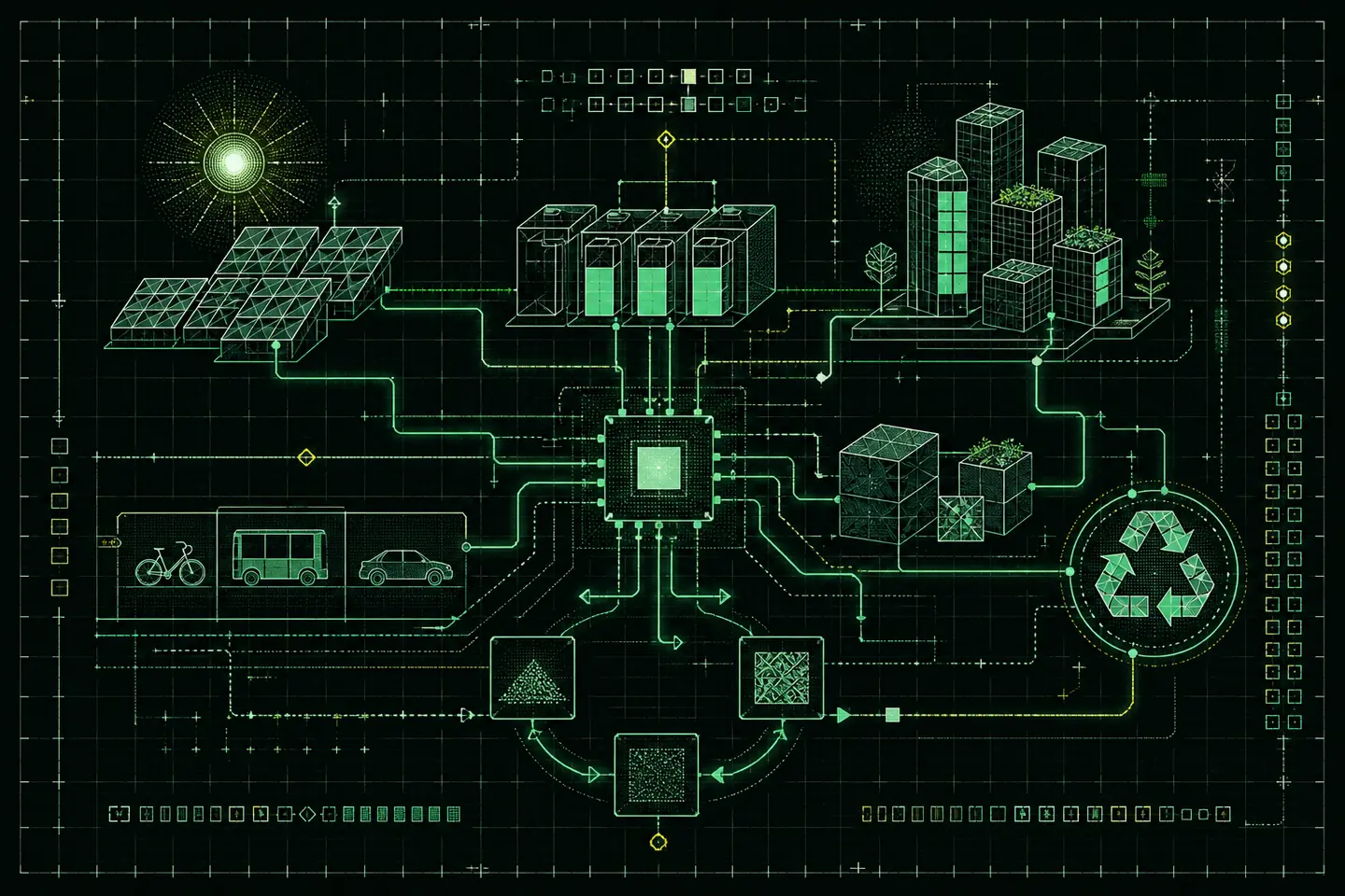 Phosphor-green schematic linking solar panels, battery storage, efficient buildings, clean transport, material flows, and recycling on a dark technical grid.
