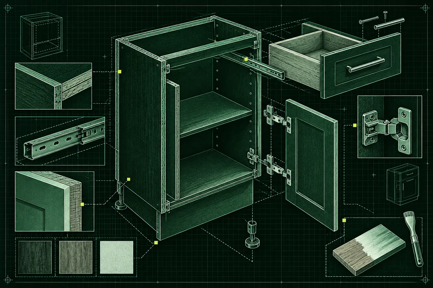 Phosphor-green exploded cabinet illustration showing the cabinet box, detached door and drawer, hinge and slide details, and finish samples on a dark grid.