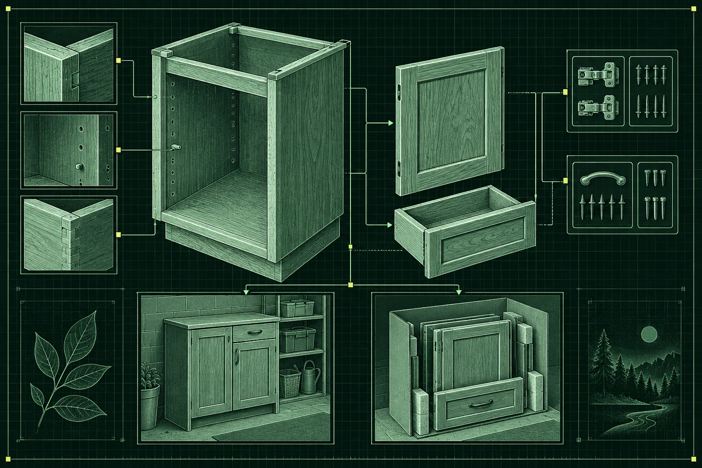 Green technical illustration of a salvaged cabinet with separated door, drawer and reusable hardware.