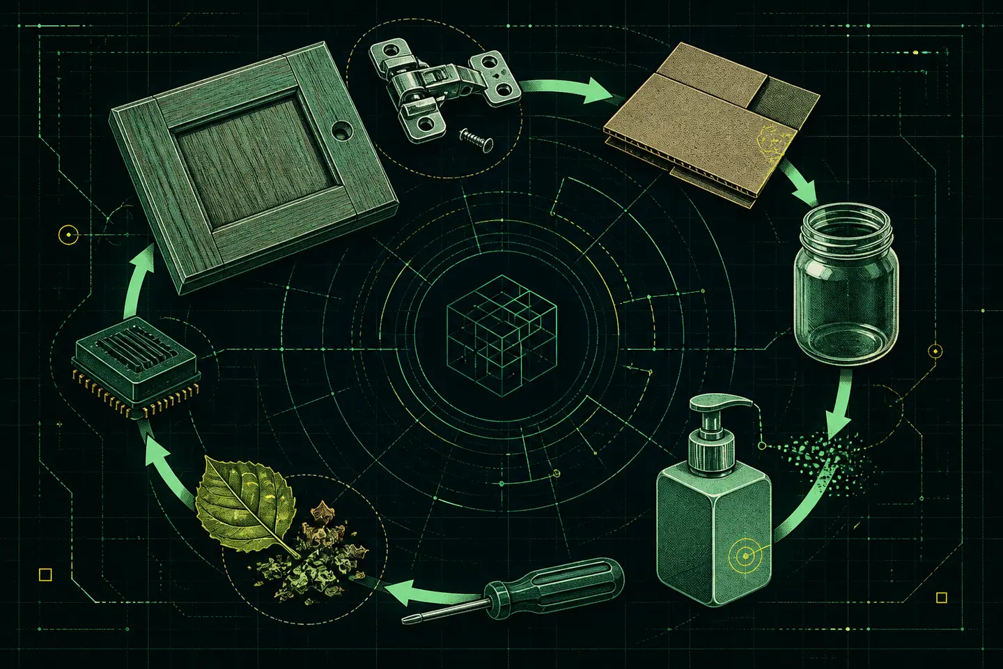 Phosphor-green circular material flow linking a repairable cabinet door, hinge, cardboard, glass jar, refillable container, organic matter, hand tool, and electronic component on a dark technical grid.