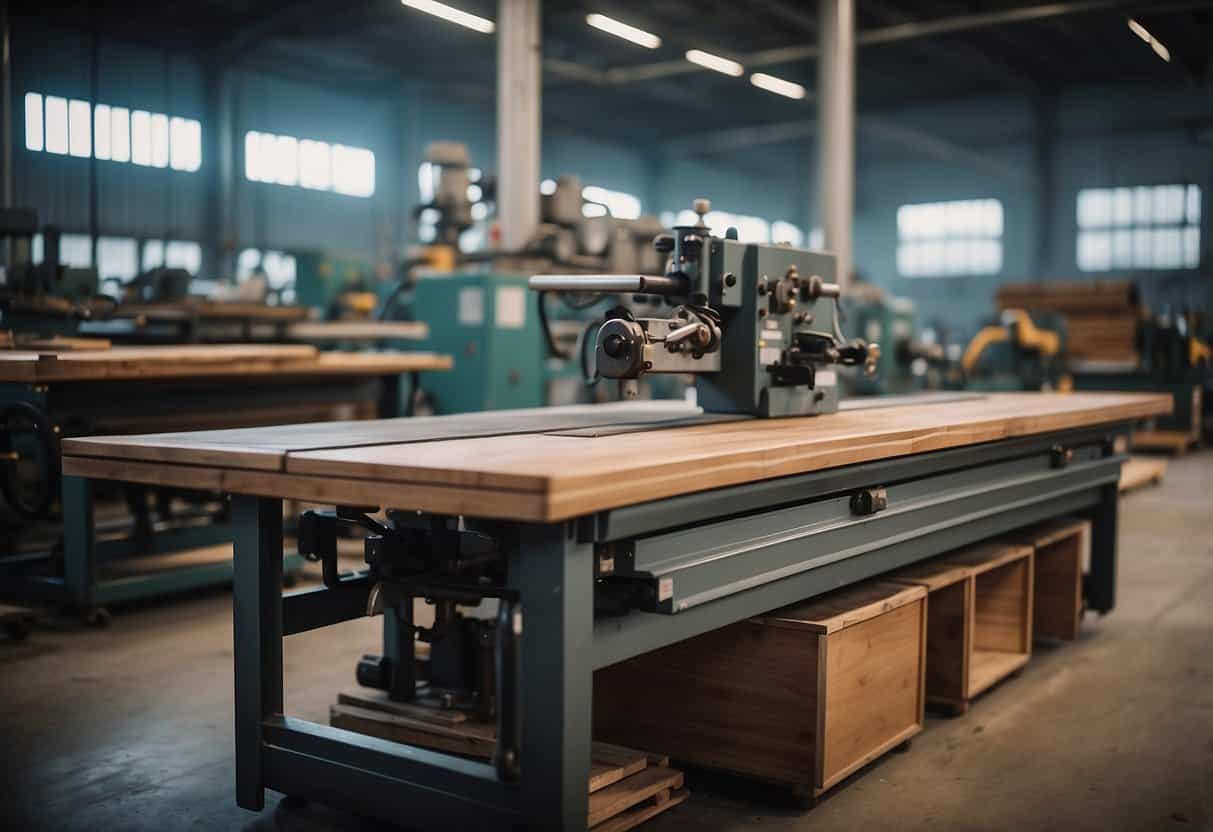 Machinery and tools in a factory producing wooden furniture, with stacks of raw materials and finished products, emitting carbon emissions