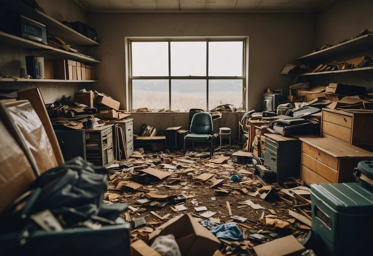 A room filled with discarded furniture, overflowing landfills, and deforestation