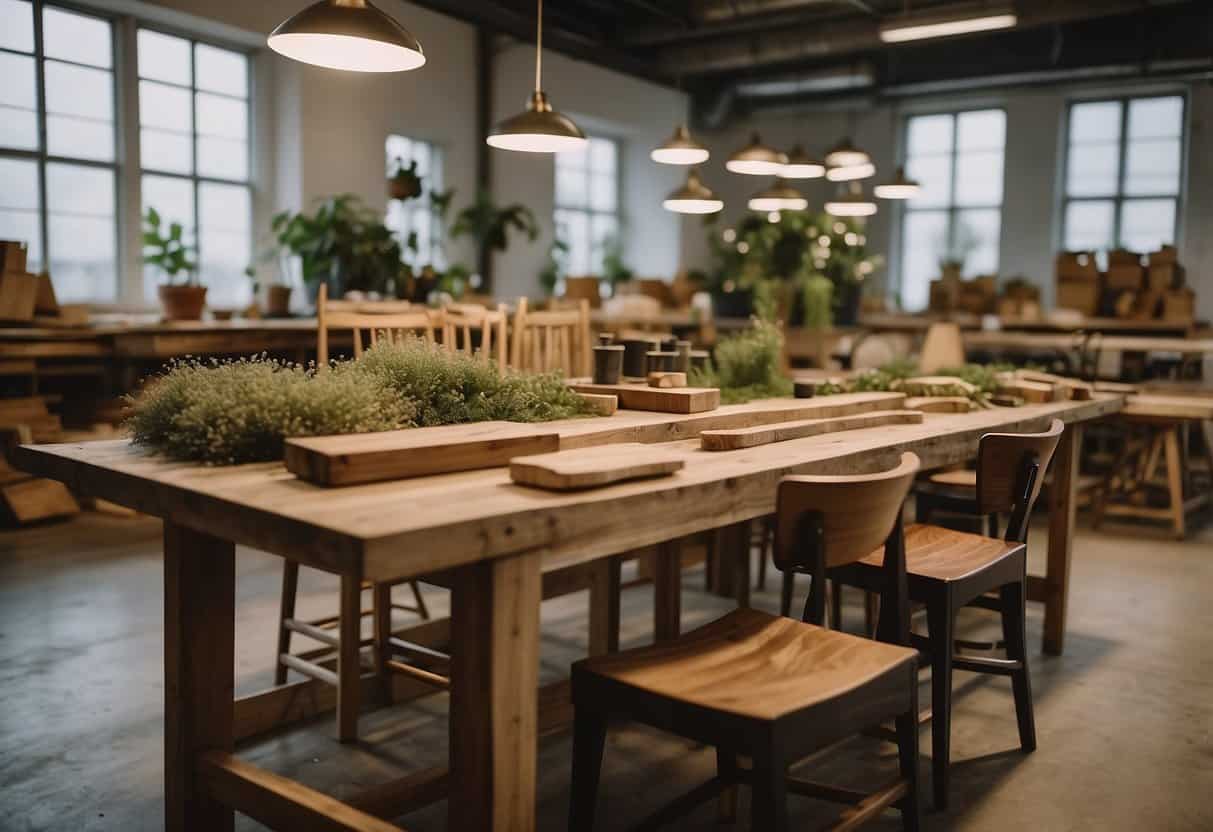 A workshop with natural materials, tools, and a focus on eco-friendly processes for sustainable furniture design