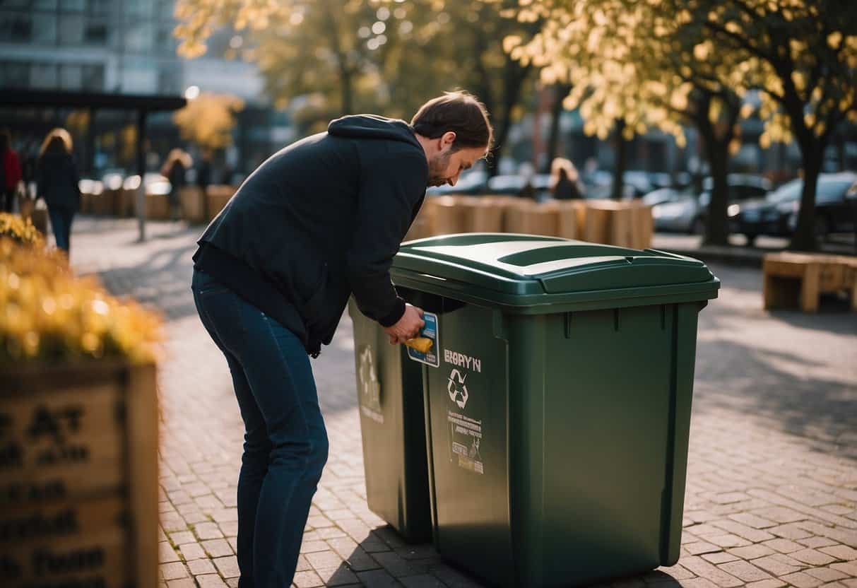 A person choosing between eco-friendly and non-sustainable furniture, with a recycling bin nearby