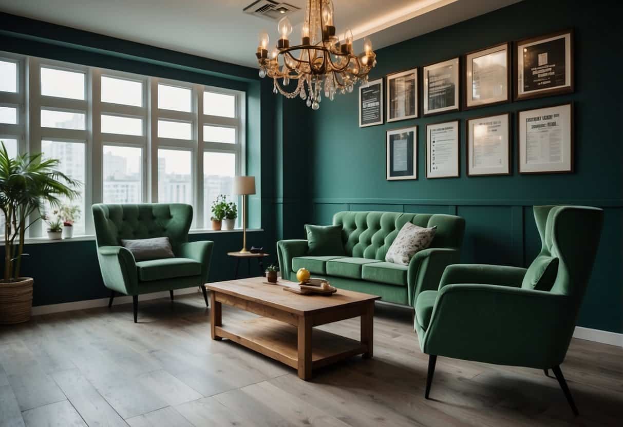 A room with green furniture and framed accreditations on the wall