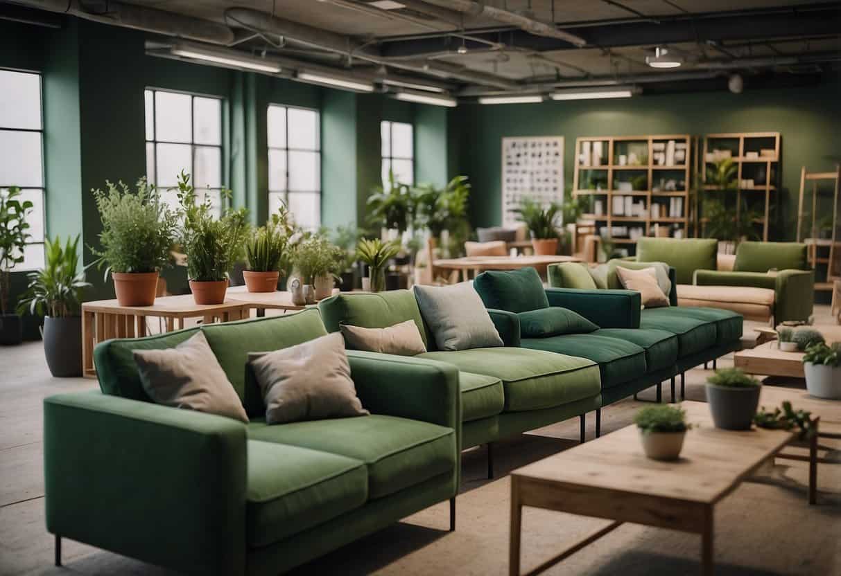 A room filled with eco-friendly furniture bearing green accreditations and standards labels