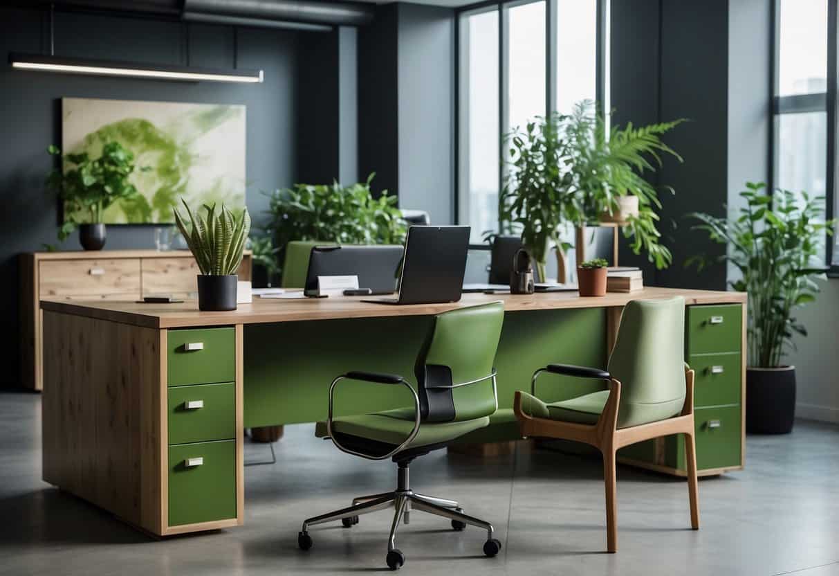 A modern office with eco-friendly furniture and green certifications displayed prominently