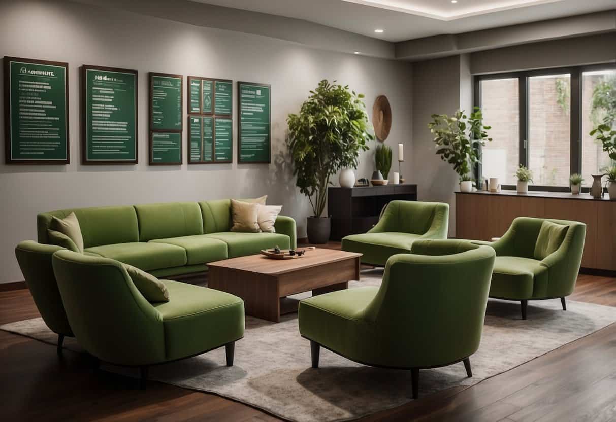 A room with green furniture and various certification plaques on the wall