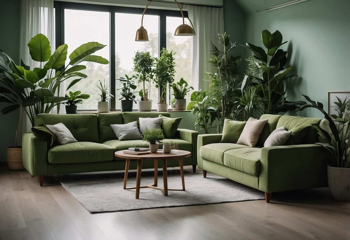 A room with green furniture arranged neatly, surrounded by plants and natural light