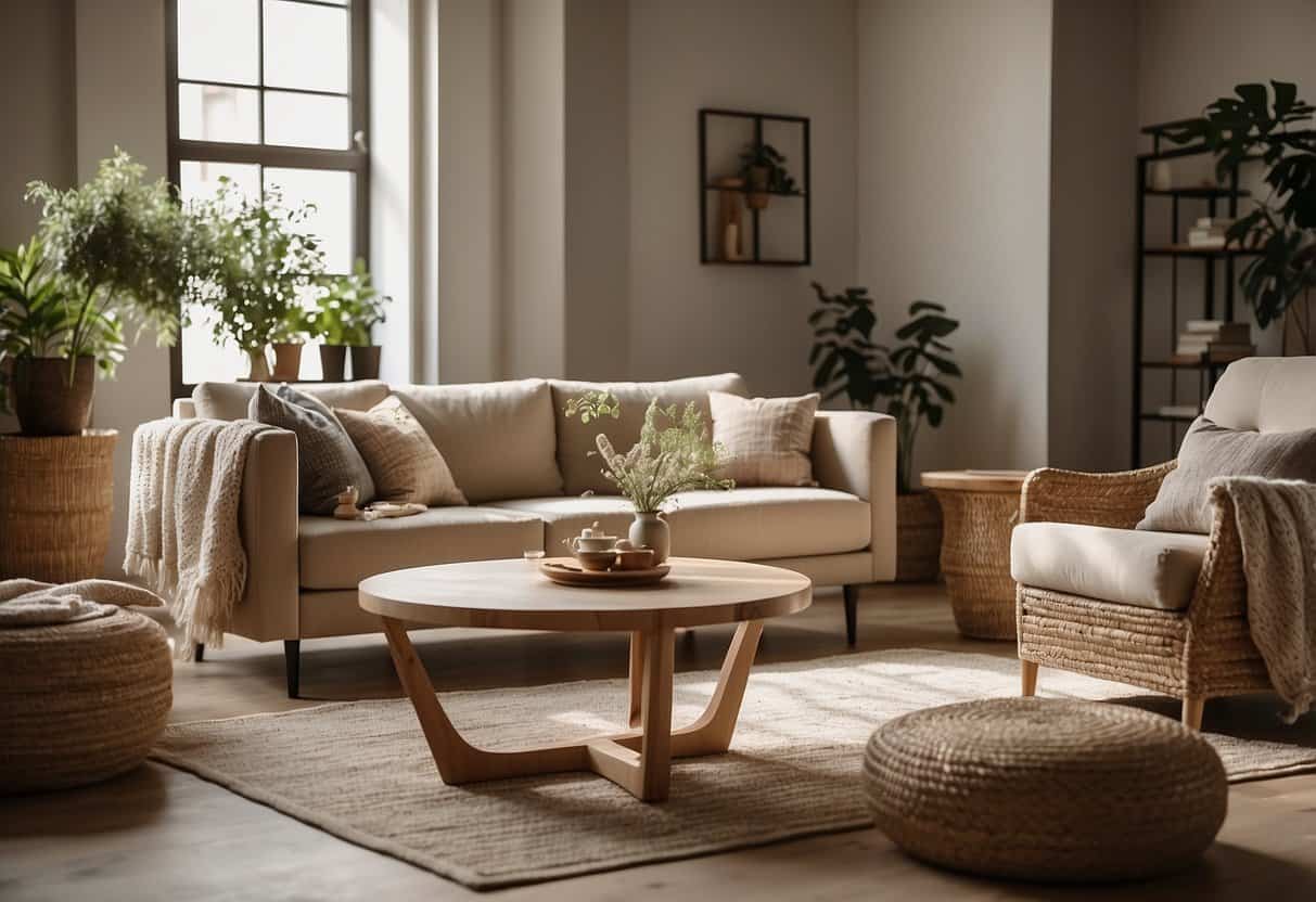 A cozy living room with hemp fiber furniture, including a sofa, armchair, and coffee table. The natural tones and textures create a warm and inviting atmosphere