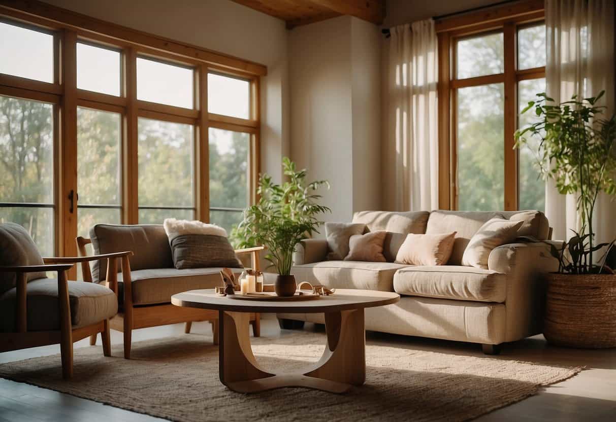 A cozy living room with a hemp fiber sofa, chair, and table. Natural light streams in through the windows, highlighting the earthy tones of the sustainable materials
