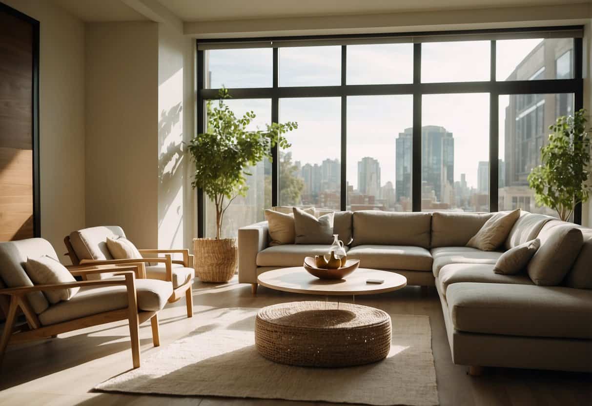 A modern living room with a sleek hemp fiber sofa, chairs, and tables. Natural light streams in through large windows, highlighting the earthy tones and textures of the sustainable furniture