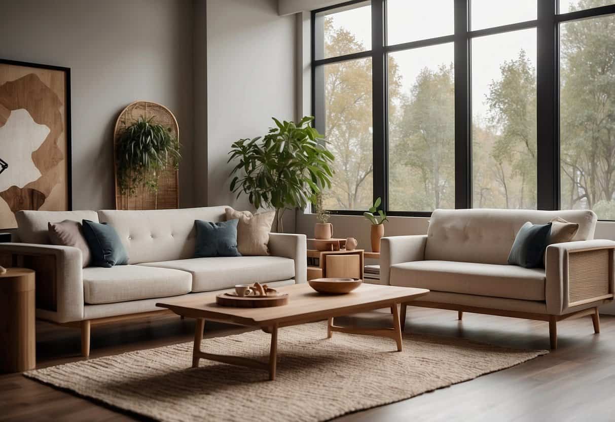 A modern living room with hemp fiber furniture, including a sofa, chairs, and coffee table. The space is well-lit with natural light and features a minimalist design
