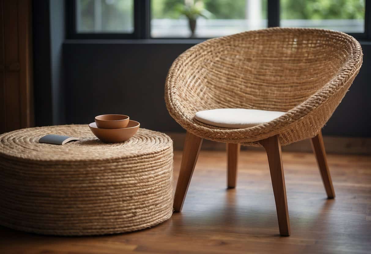A jute fiber chair sits beside a jute fiber table, both showcasing the natural, earthy texture of the material