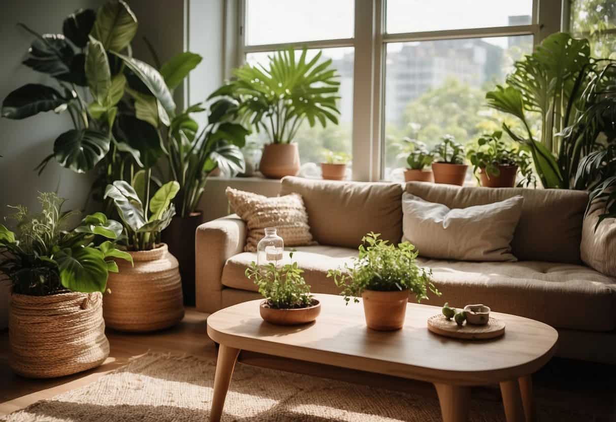 A cozy living room with jute fiber furniture, surrounded by lush green plants and natural sunlight streaming in through large windows