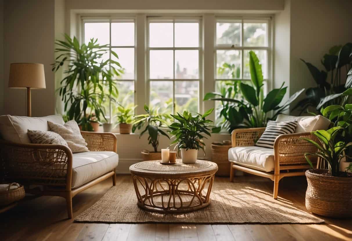 A cozy living room with a jute rug, a rattan chair, and a bamboo coffee table, surrounded by lush potted plants and natural light streaming in through the windows