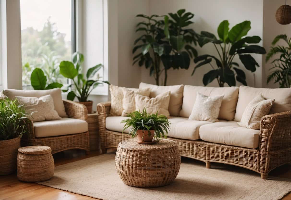 A cozy living room with natural fiber furniture, including a rattan sofa and wicker chairs, surrounded by potted plants and soft, earthy-toned textiles