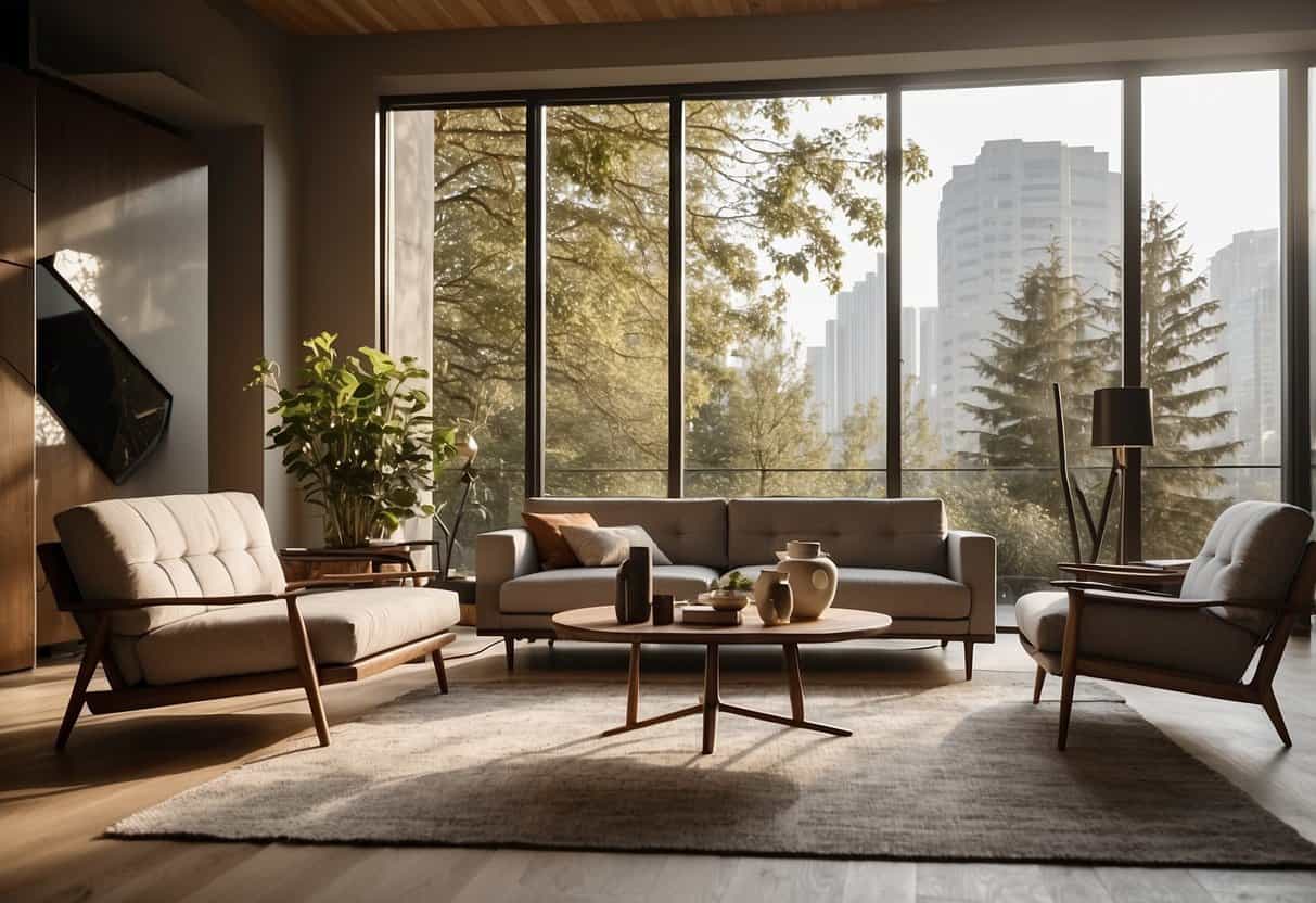 A spacious living room with modern, natural fiber furniture from top brands and manufacturers. Light pours in through large windows, highlighting the sleek lines and earthy textures of the pieces