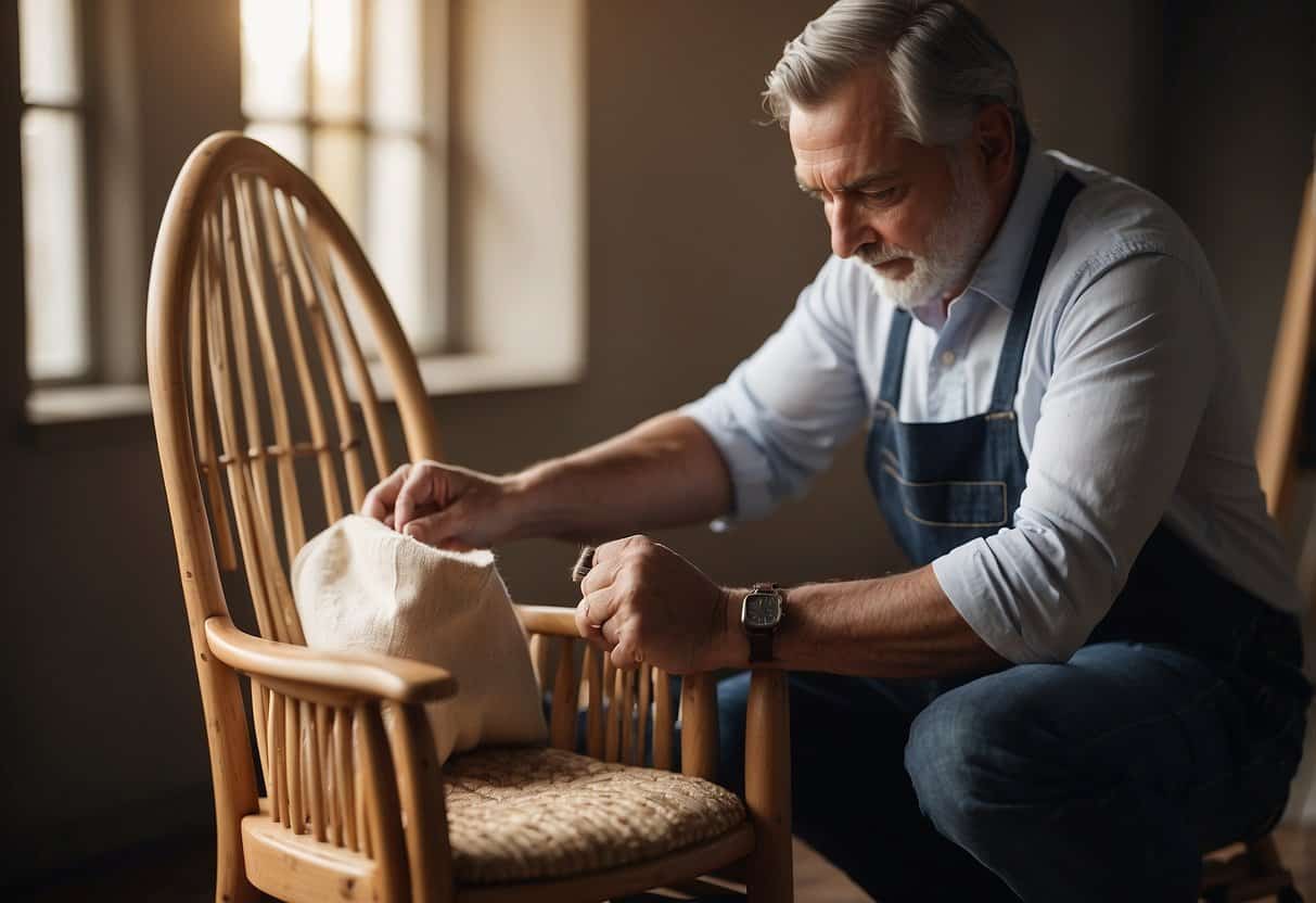A person gently dusts and polishes a natural fiber chair with a soft cloth, ensuring its care and maintenance