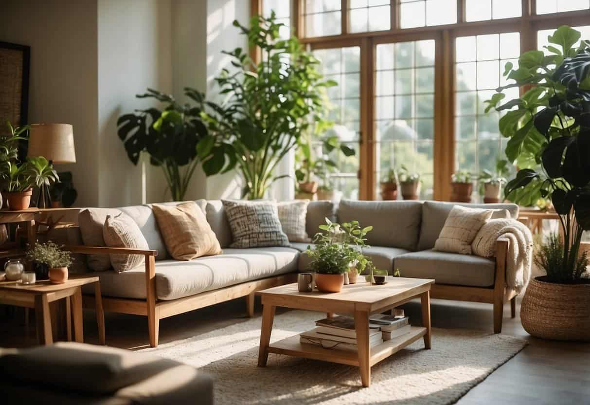 A cozy living room with a natural fiber sofa, chair, and coffee table. Plants and sunlight add warmth to the space