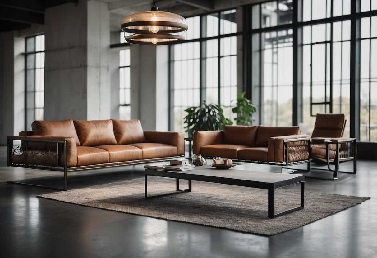 Reclaimed metal furniture arranged in a modern, minimalist setting. Clean lines and industrial materials give a sleek, contemporary feel